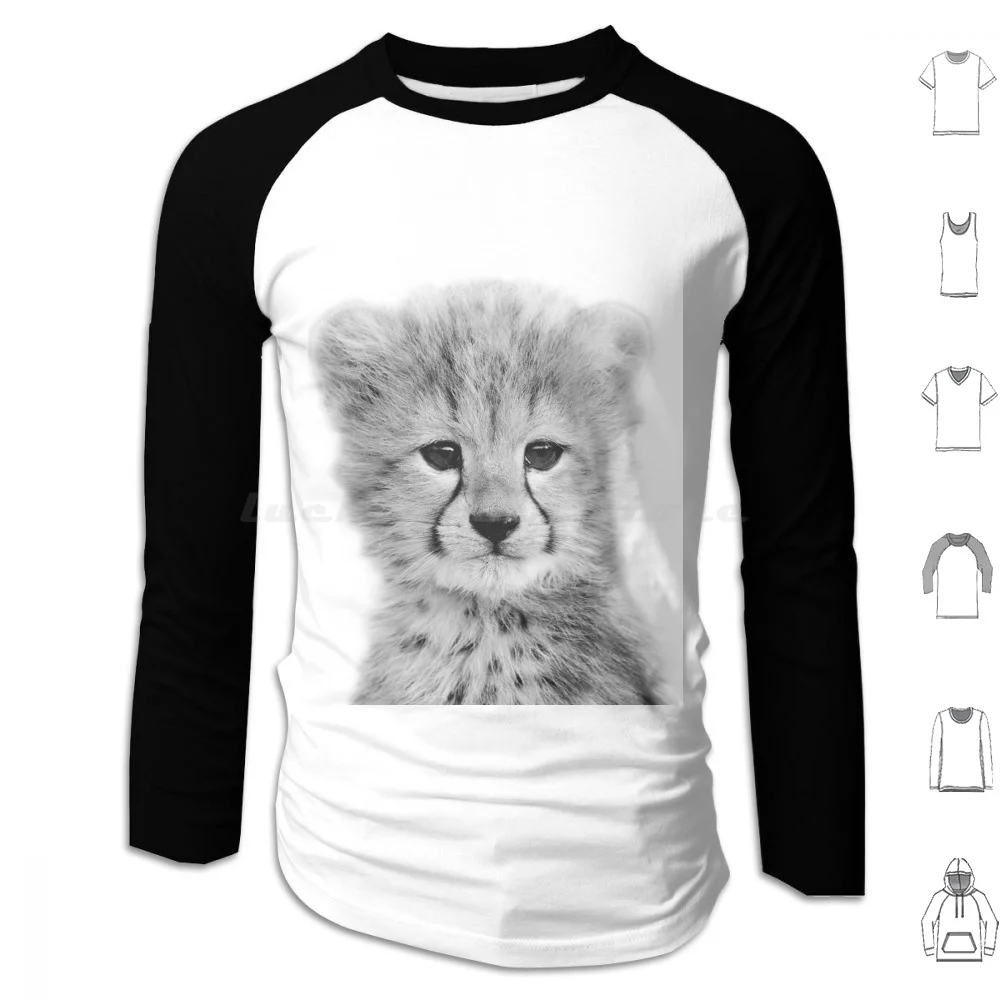 Baby Cheetah Black & White Art Print , By Art Hoodies Long Sleeve Baby Cheetah Black White Safari Animals Cub Cheetah