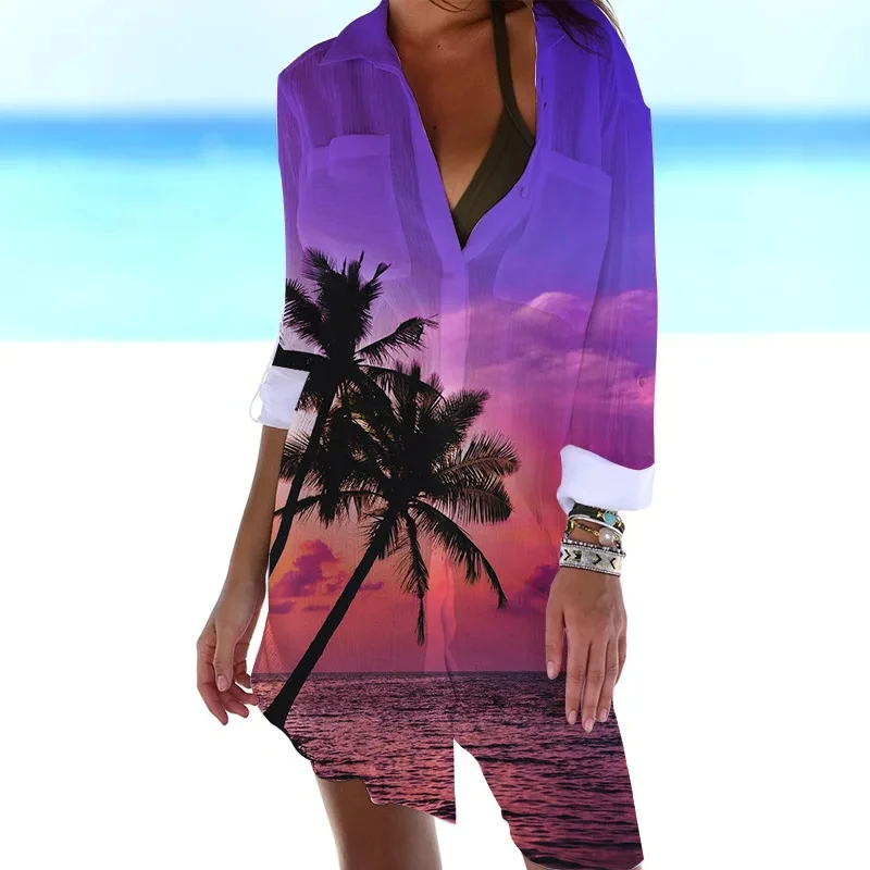 

Coconut Tree Hawaii Printed Shirt Dress Beach Sexy Blouse Outwear Shirt Long Sleeve Maxi Dress for Women Ladies Vestido Mujer