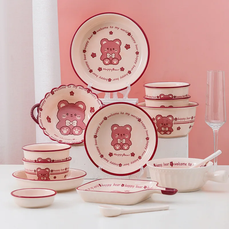 Ins Pink Panda Ceramics Tableware Cute Cartoon Spoon Soup Bowl Breakfast Dinner Salad Pasta Meal Plate Sets Children Porcelain