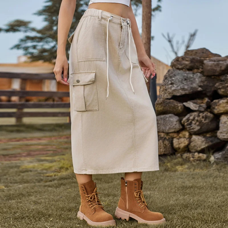 Women's Summer New Washed Lace-Up Workwear Denim Skirt Midi Skirt 2026 Fashionable Classic Fit for Office And Casual