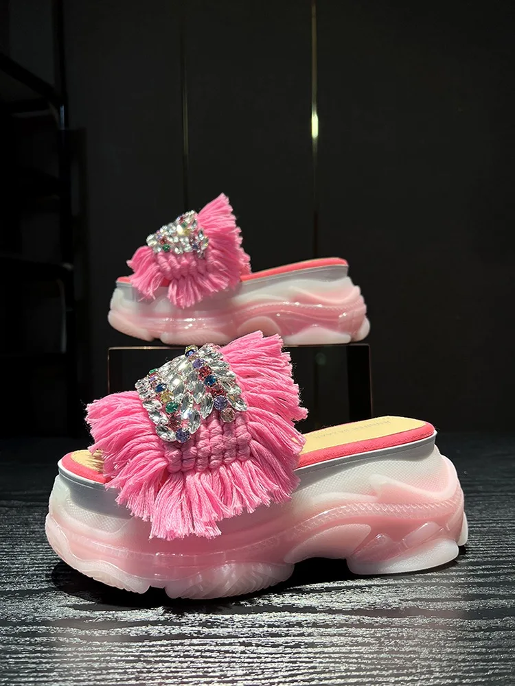 

women summer crystal slippers outdoor high heels platform shoes genuine leather fashion beach female girl slides thick sole pink