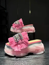 women summer crystal slippers outdoor high heels platform shoes genuine leather fashion beach female girl slides thick sole pink