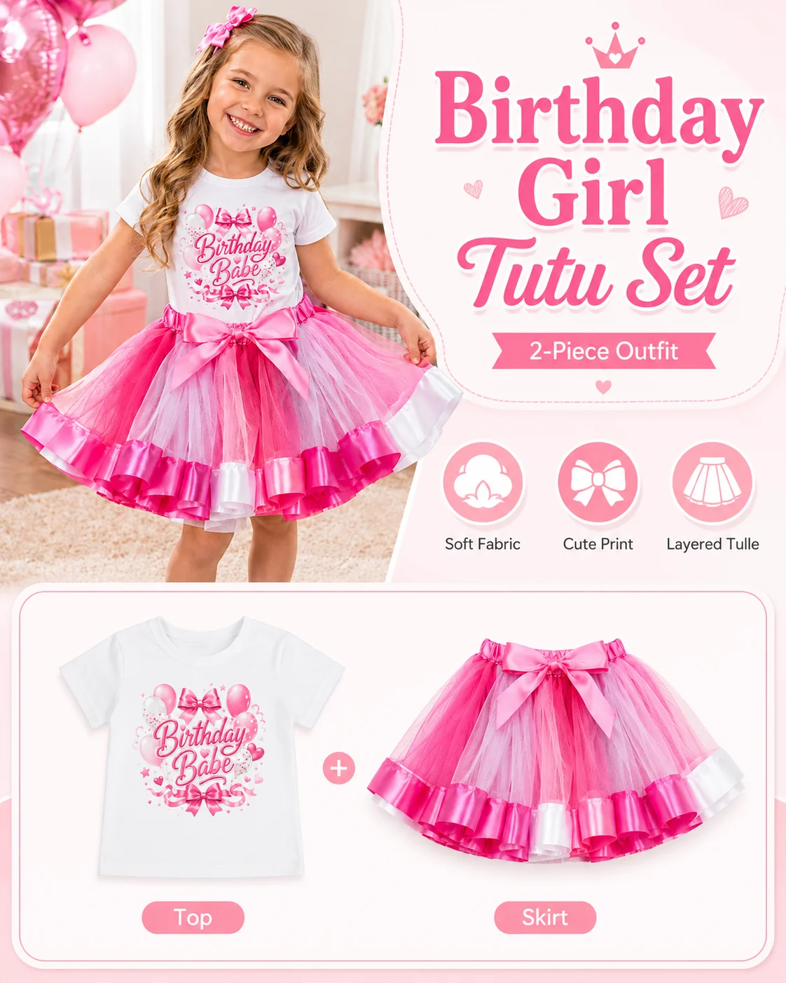 Kinder Mädchen Geburtstags-Tutu-Kleid Rosa & Weiß Ombré Tüllrock mit Schleife, Kurzarm Bedrucktes Oberteil Geburtstagsparty-Outfit für – Detail 2