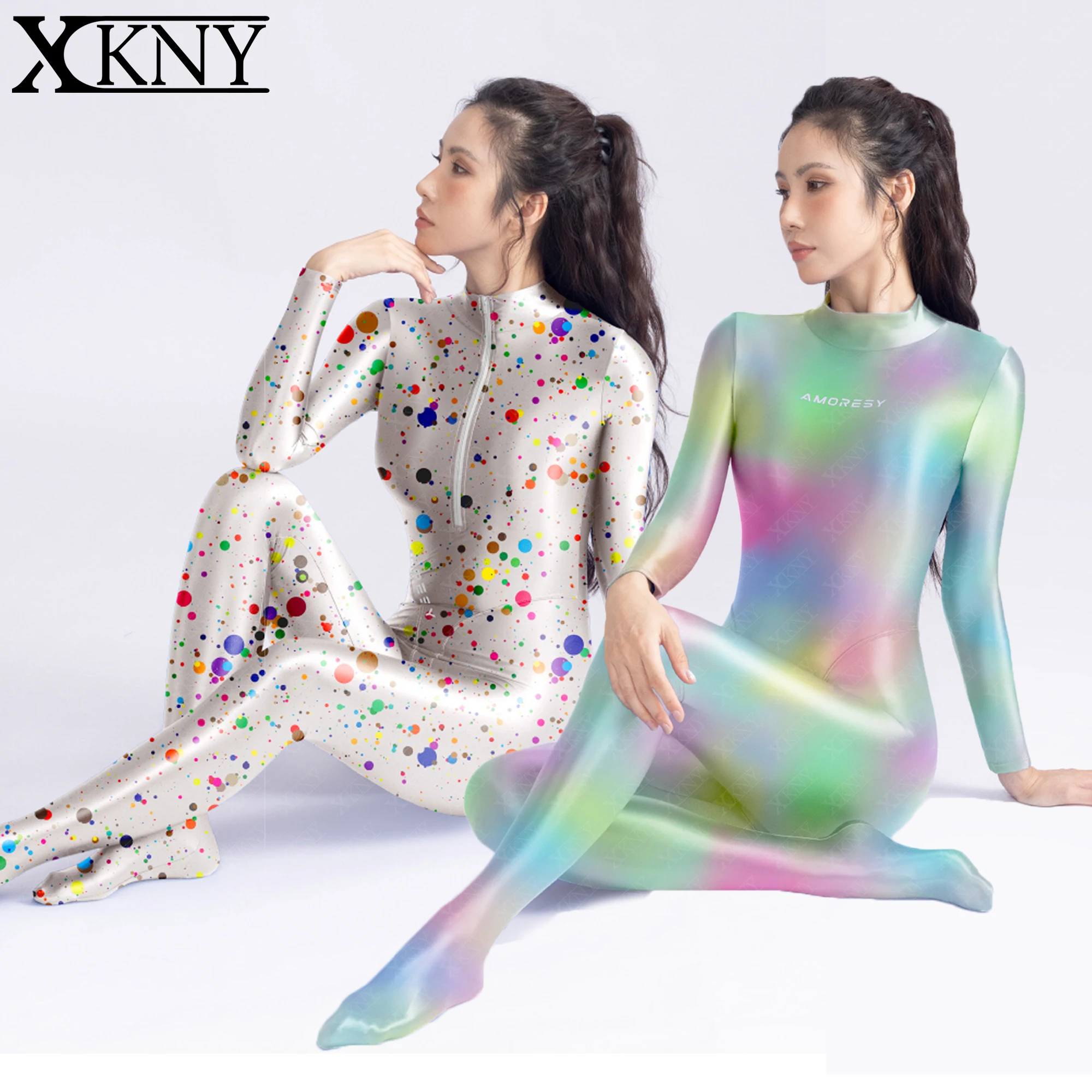 

AMORESY атласные глянцевые колготки, красочные глянцевые боди, шелковый гладкий костюм на молнии с длинными рукавами, полный костюм