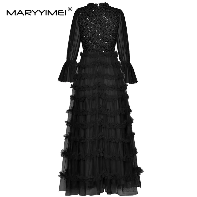 MARYYIMEI Fashion Designer spring Summer Women's Stand Collar Flare Sleeve Beading Mesh sequins Ruffles Slim Vintage Dresses