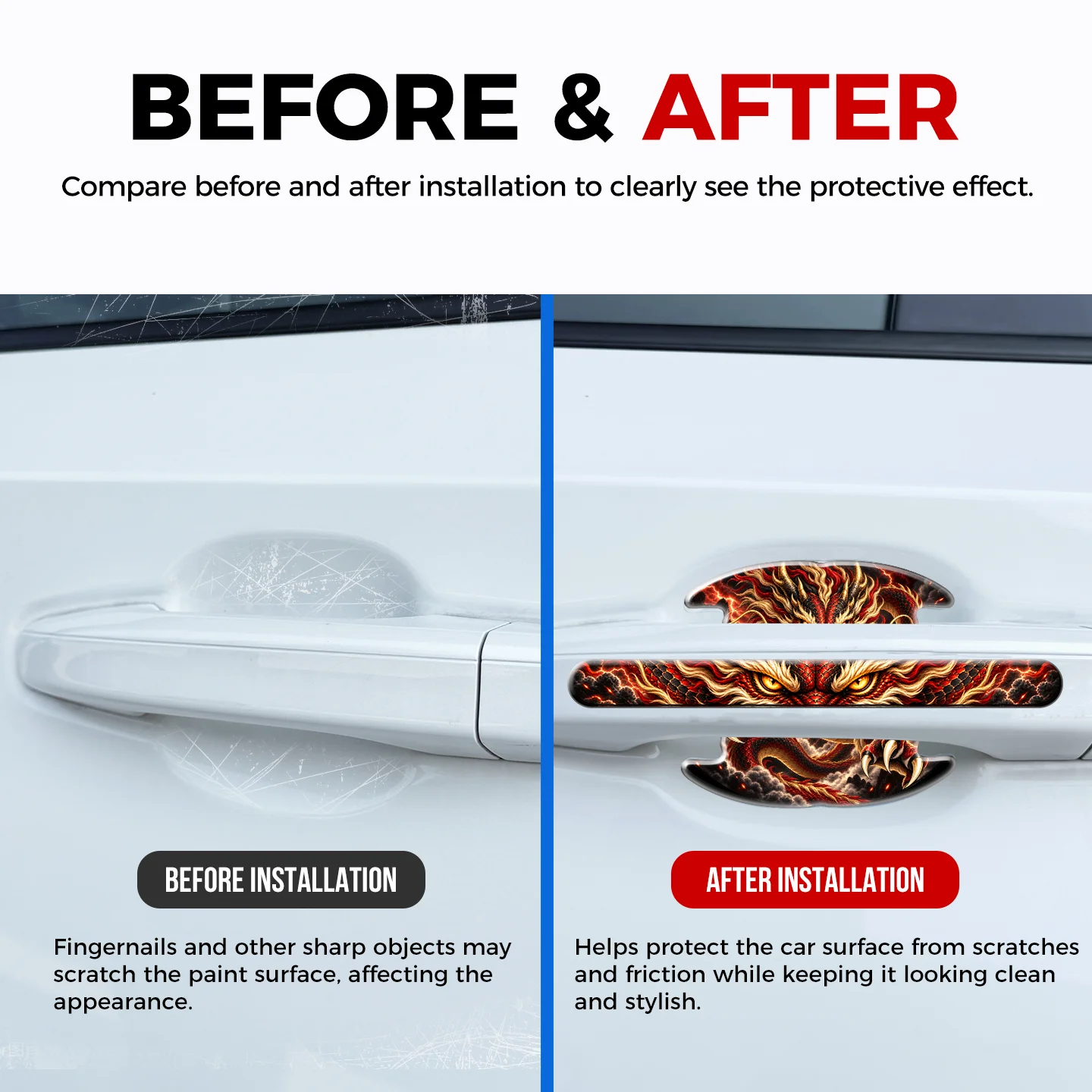 Fiery Red Dragon Car Door Handle Protector Stickers 3D Epoxy Resin Door Cup Bowl Guards Fantasy Dragon Art Exterior Accessories