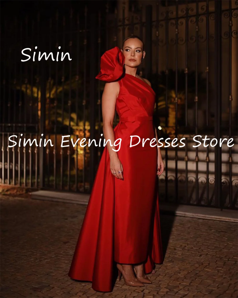 Simin Satin a-line فستان حفلة موسيقية مكشكش بكتف واحد للنساء ، فستان سهرة بطول الكاحل ، فساتين حفلات أنيقة ، ترف رسمي ، جميل ، 2023