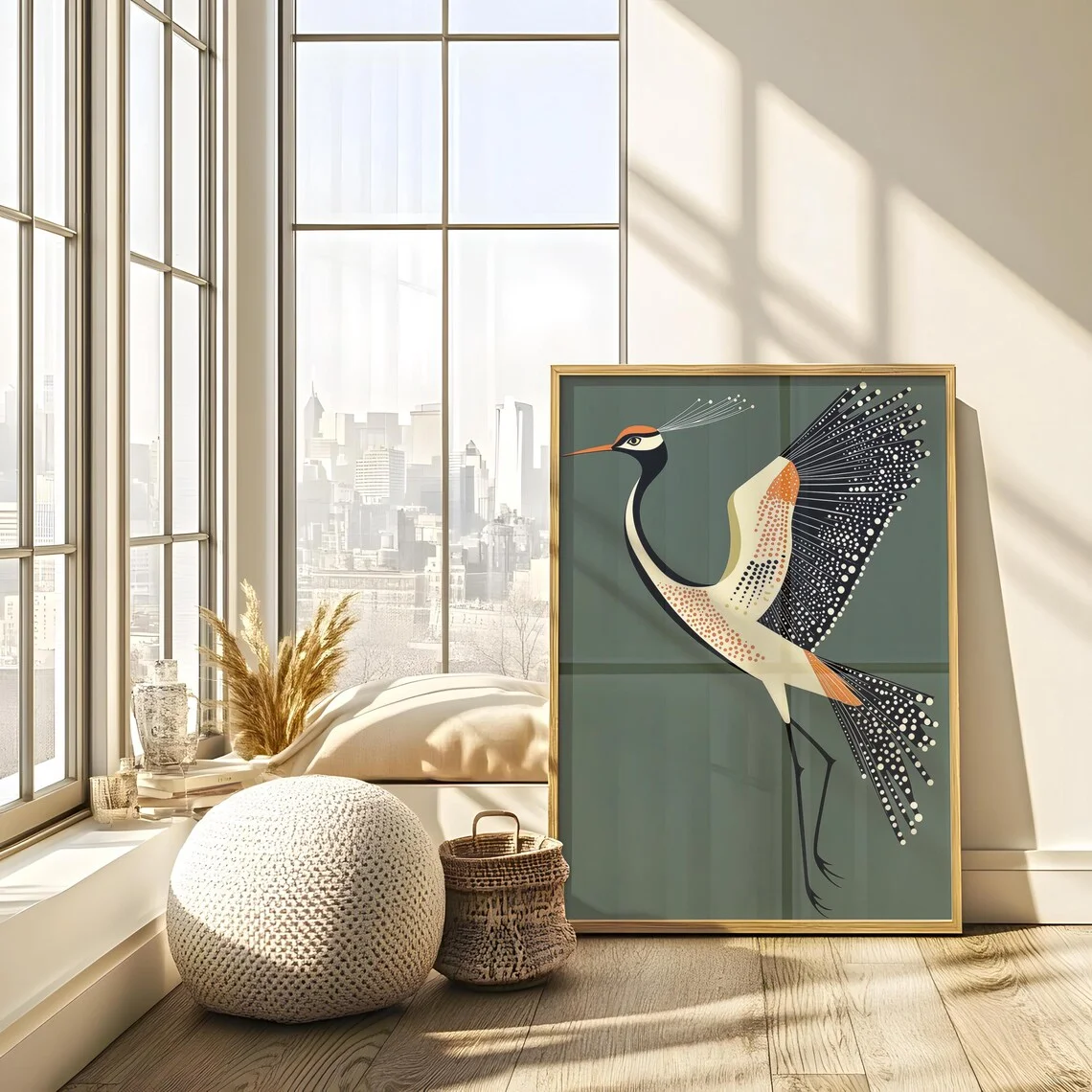 Grou Voador Elegante, Arte de Parede Art Déco, Decoração Retro Moderna de Meio Século, Decoração para Amantes de Pássaros, Arte de Parede Vintage Japa