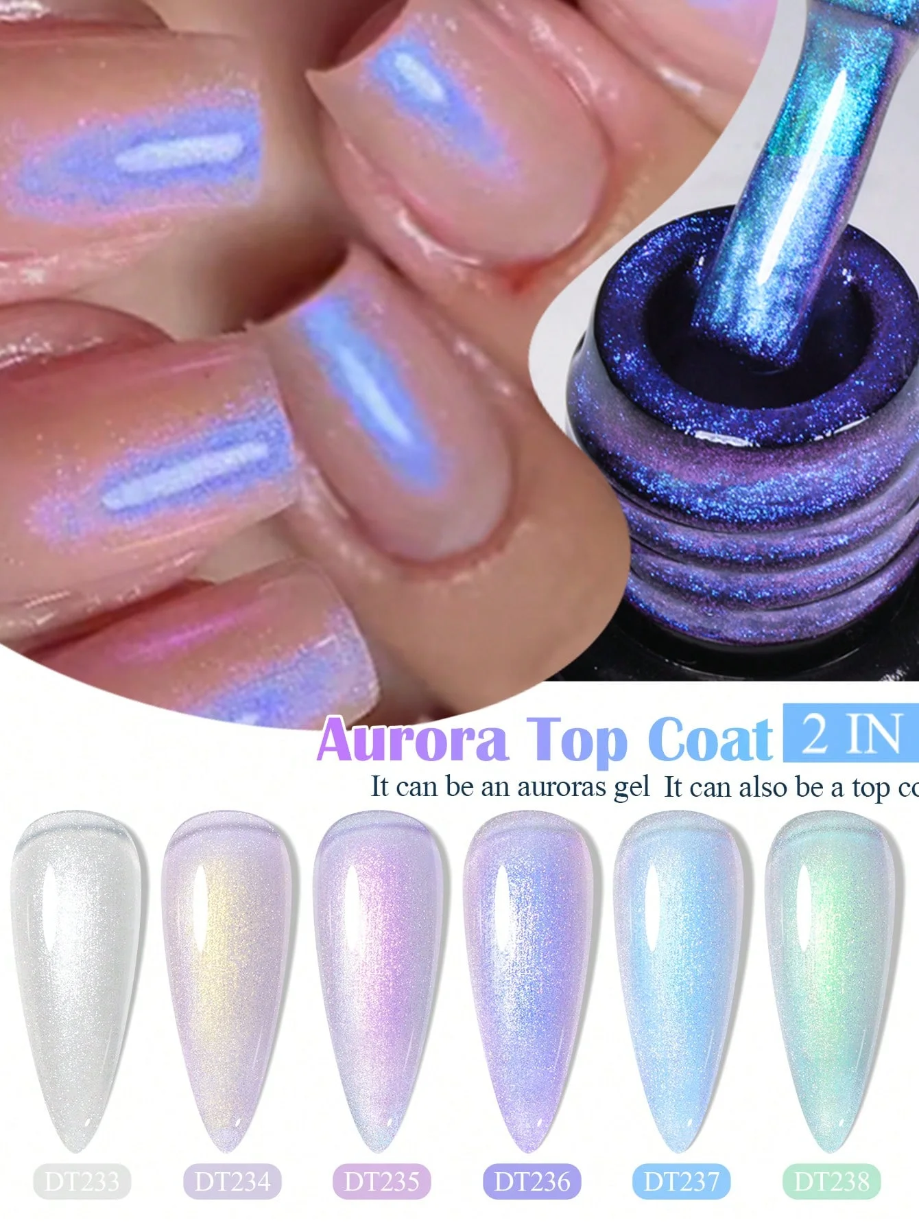 7ml 2 IN 1 Auroras Top Coat Glitter Perlrosa Lila Farbe Auroras Laser Schimmer Meerjungfrauen-Effekt Gel Nagellack Nagelkunst DIY