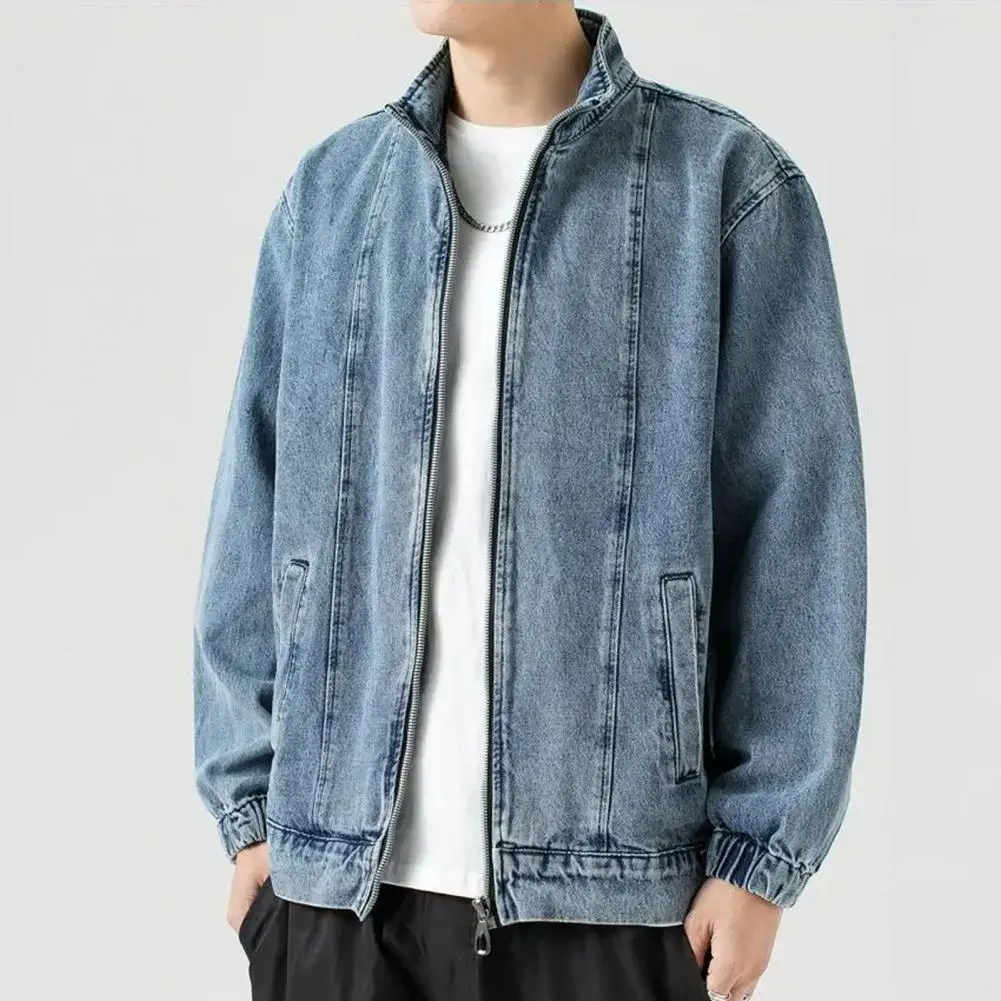 Men Loose Fit Jacket Versatile Men's Denim Jacket Lapel Long Sleeve Coat with Pockets Zipper Placket Loose Fit Solid Color