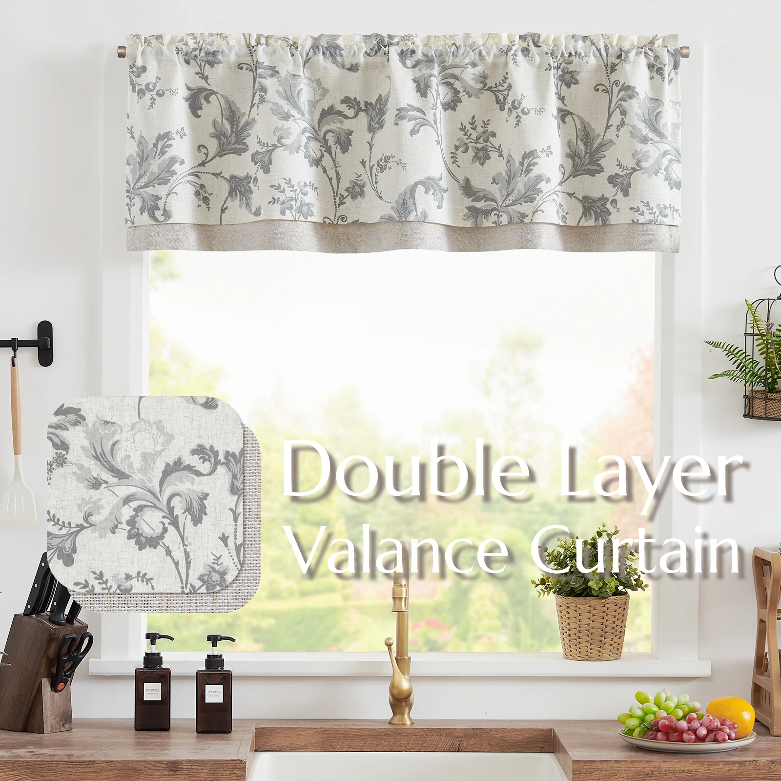 JINCHAN 50*16Inch Linen Valance Curtain Farmhouse Window Decor Floral Print Short Curtains Kitchen Double Layer Blackout Valance