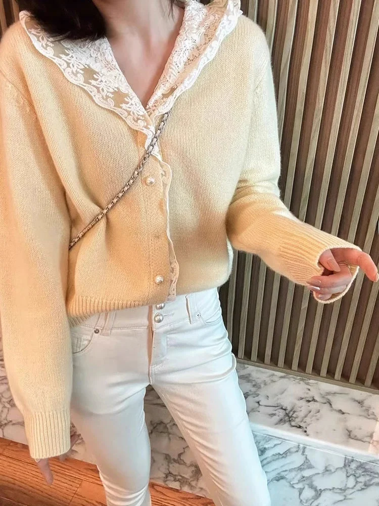 العصرية الدانتيل مقنعين محبوك سترة مفتوحة زر واحد تنوعا عارضة تخفيف ملابس خارجية الكورية Sle فضفاضة تناسب طويلة Sve #1