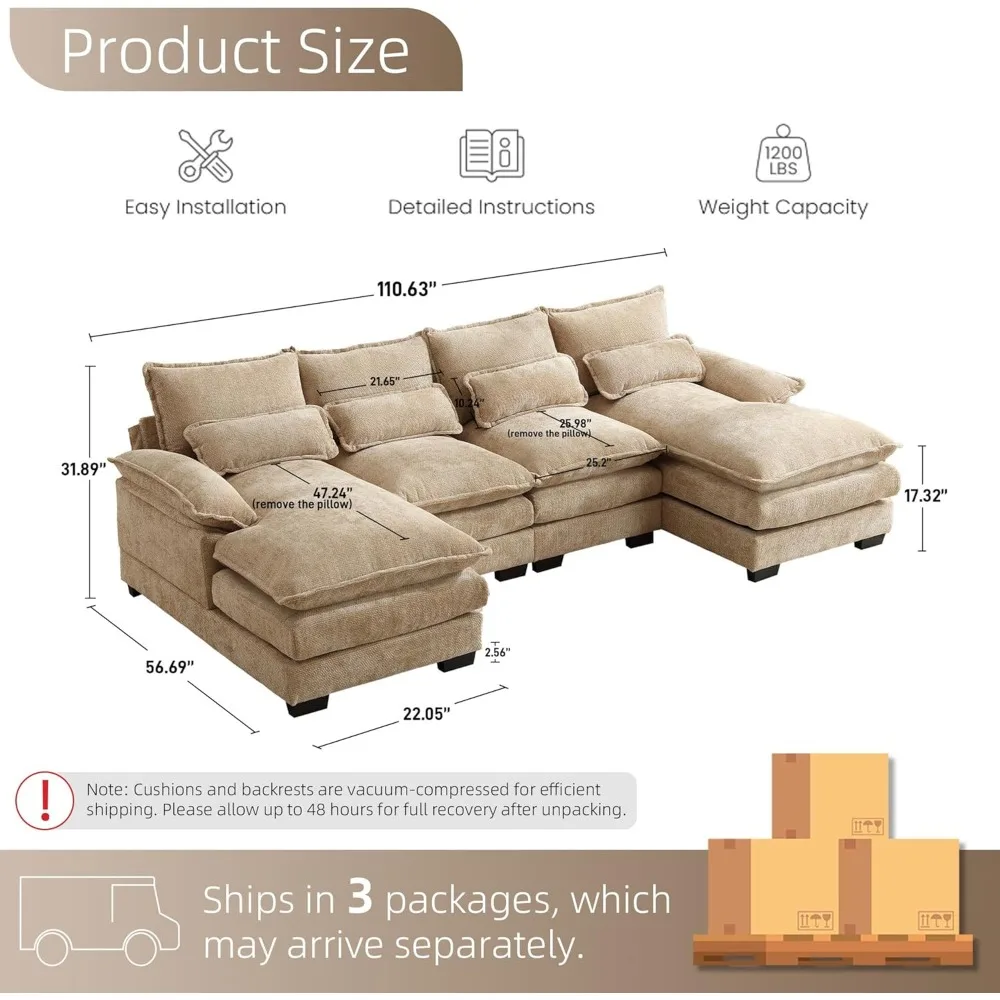 U Shape Sectional Sofa Cloud Couch, Modern Chenille Comfy Modular Sofa, 4 Seat Upholstery Sleeper Sofa with Double Chaise, Sofa