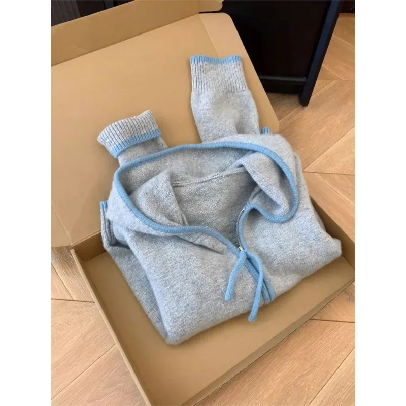 

Удобный серый модный свитер с капюшоном и длинными рукавами, женский осенне-зимний кардиган, топ