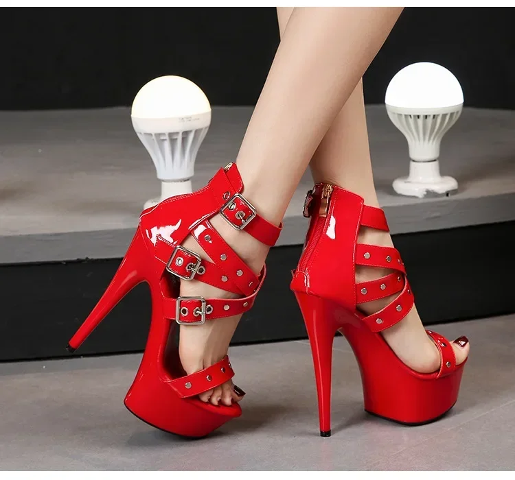 Voesnees Chic High Belt Buckle Sandals 14CM Women Zipper Wedding Shoes 2021 Summer Square Heel Platform Lady Party Models Shoes