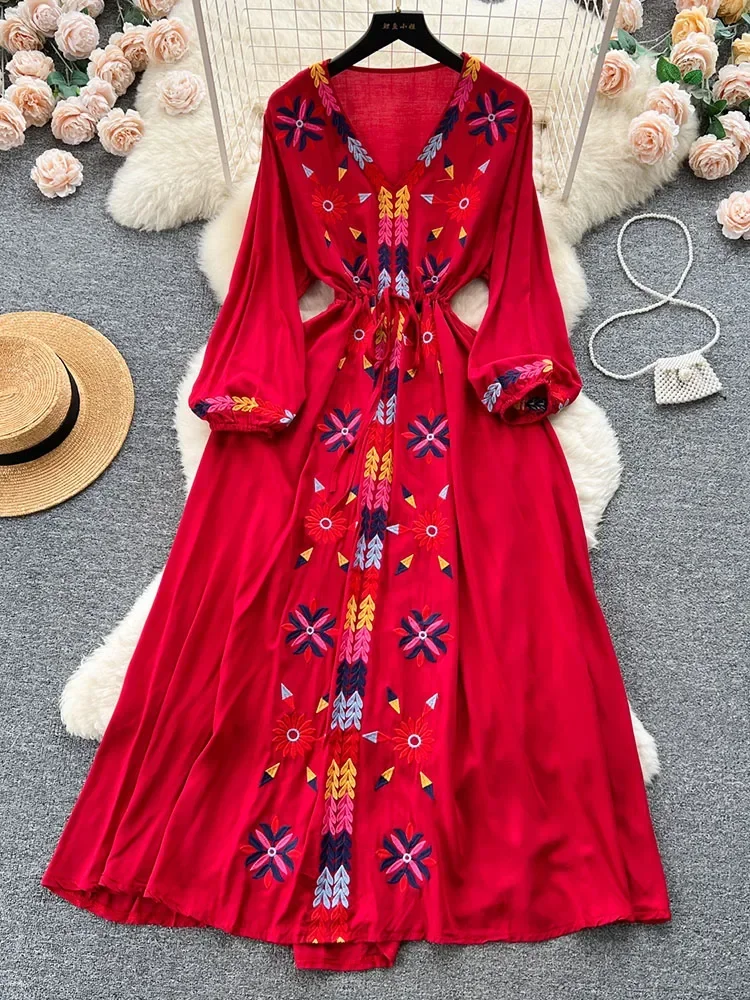 Women Spring Summer Vestidos French Sweet Embroidered V-Neck Drawstring Waist Wrap Retro Ethnic Style Fake Big Swing Dress D5823