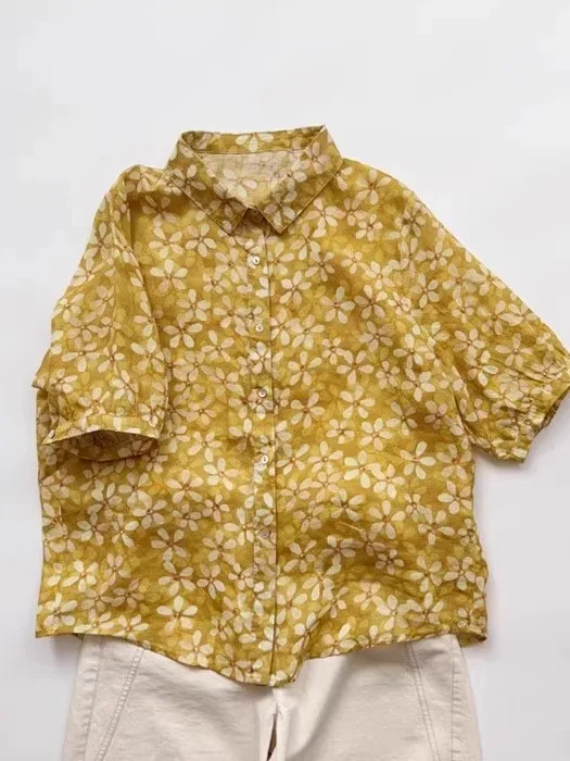 

Yellow Floral Cotton Linen ort Sve irt Women's Summer Faionable Loose Casual Thin Linen Open Cardigan Top