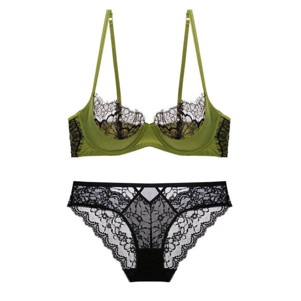 Ensemble de lingerie en dentelle transparente française, soutien-gorge minimisant demi-bonnet fin non doublé à armatures avec maintien liftant pour grandes poitrines, et culotte assortie pour femmes, tailles S-XL