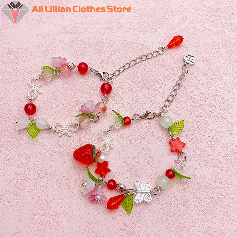 

Sweet Aesthetic Strawberry Pendant Beaded Bracelet For Women Girl Cute Kawaii Jewelry Accessories