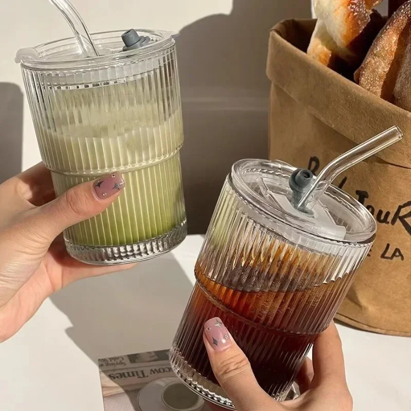 450ml Transparent Tea Cup Vertical Stripe Ins Coffee Glass with Lid Straw Water Cup High-value Ice American Latte Milk Cup