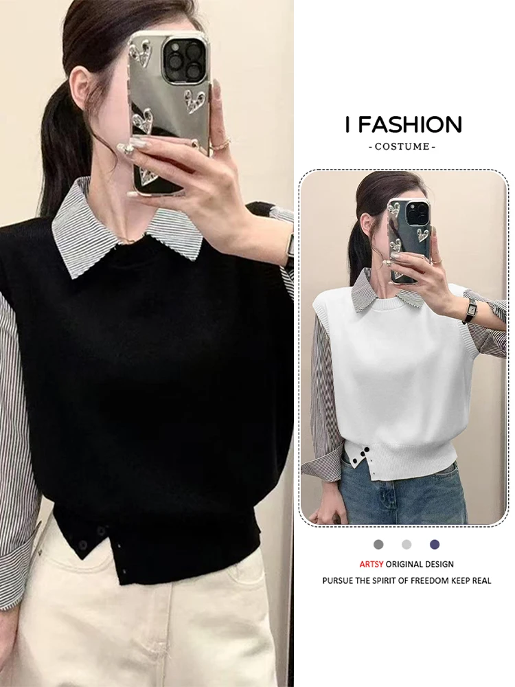 

Trendy Striped Knitwear Women's Spring Autumn New Sle Slimming Versatile Patchwork Sweater Commute Sle Loose Fit Long Sve