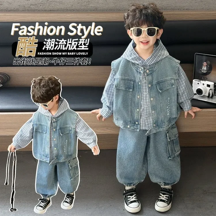 

Baby Boys Children Suits Kids Fashion Blue casual Jean Vest Waistcoat +Plaid Shirt+Pants 3Pcs Sets Handsome Hip hop Streetwear