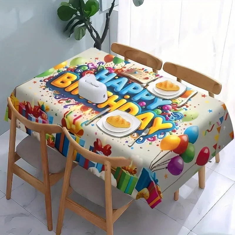 1pc Birthday Happy Tablecloth, printed with colorful balloons and gift box patterns - Lightweight square tablecloth, yzb