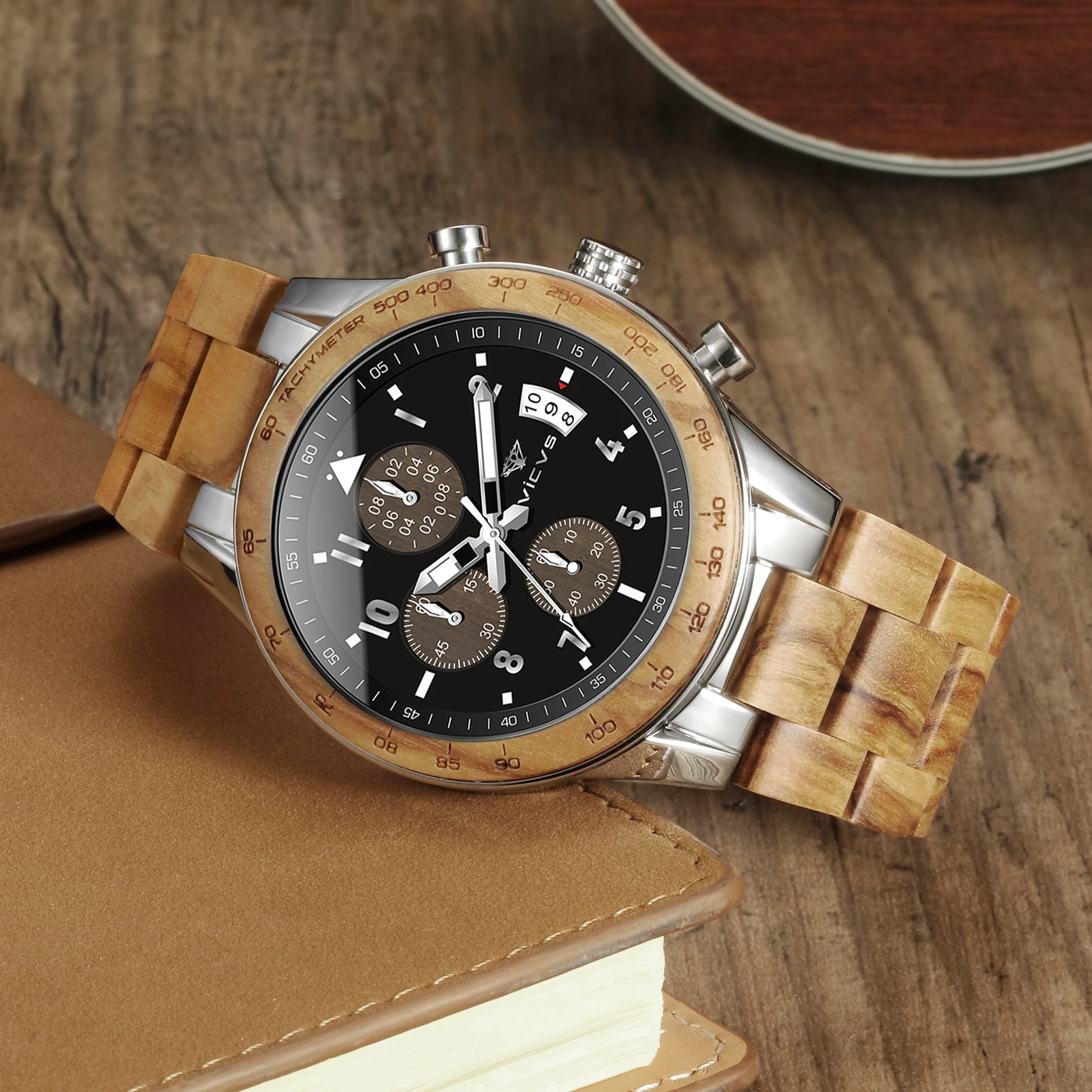 ساعة VICVS الخشبية للرجال تعرض التاريخ كوارتز هدايا فريدة لعيد الميلاد/العطلات