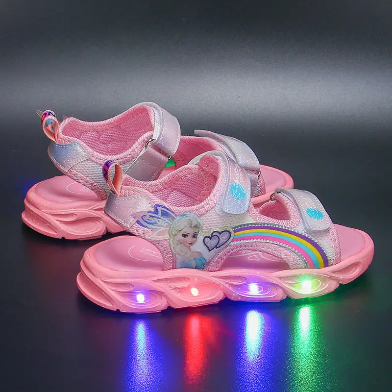 Disney-zapatos informales con luces Led para niña y mujer, sandalias de princesa Elsa, zapatos de playa rosa, talla 22-37