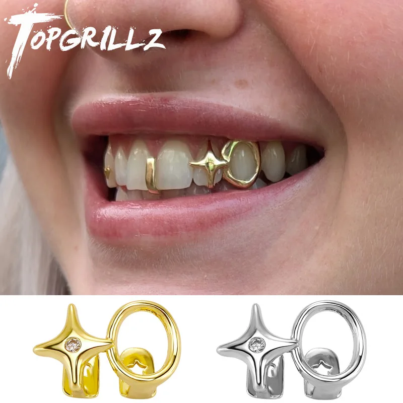 TOPGRILLZ Y2K Glänzende Doppel Hohl Kreise Stern Zahn Kappen Für Männer Frauen Täglich Tragbare Mund Schmuck Dental Grillz