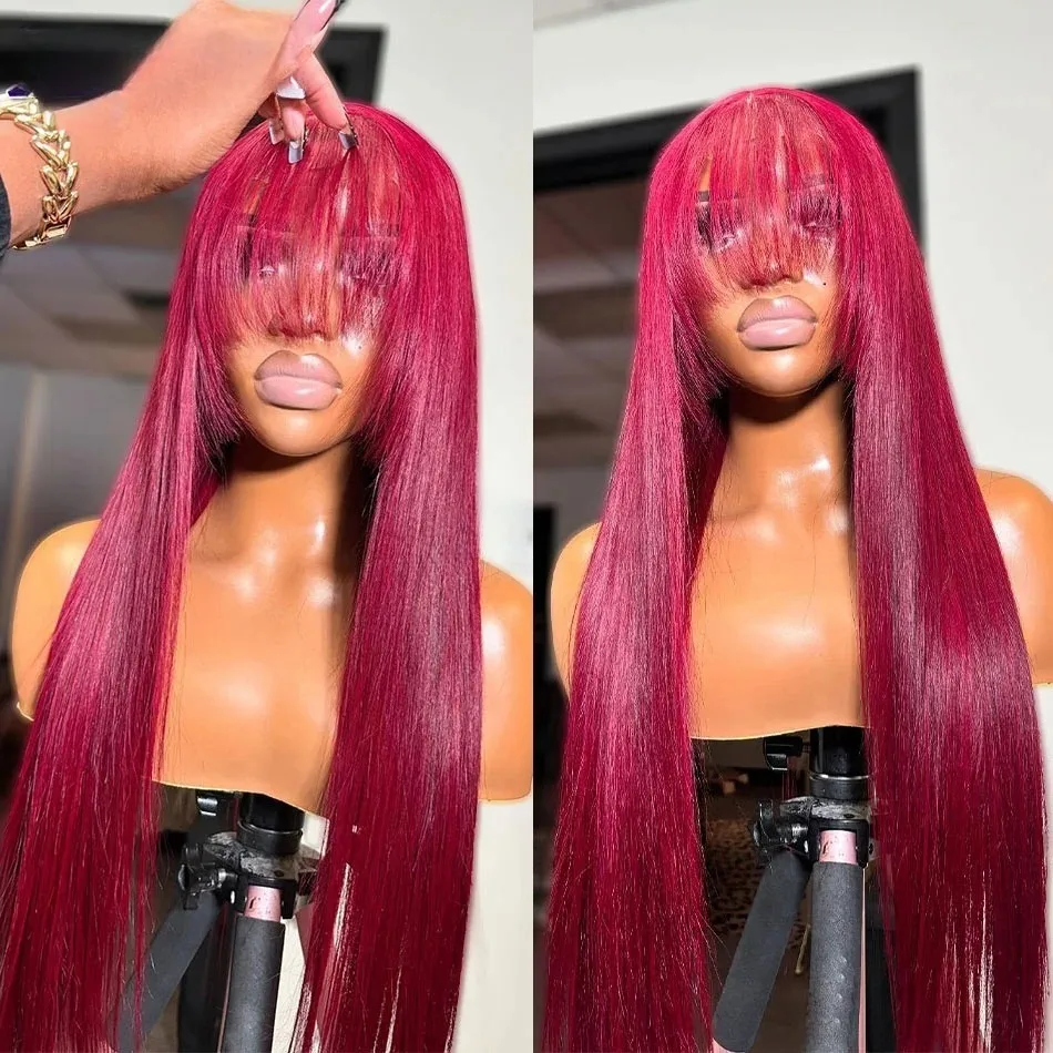 200% 30 32 Inch 13X4 HD Straight Lace Front Wig With Bangs 99J Red Burgundy Colored Transparent Synthetic And Blend Lace Wigs