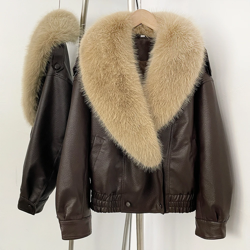 

Women's Bomber Jacket Women Loose Faux Leather Jacket Short Leather Blazer Removed Faux Fur Collar Luxury Grow Leather Jacket