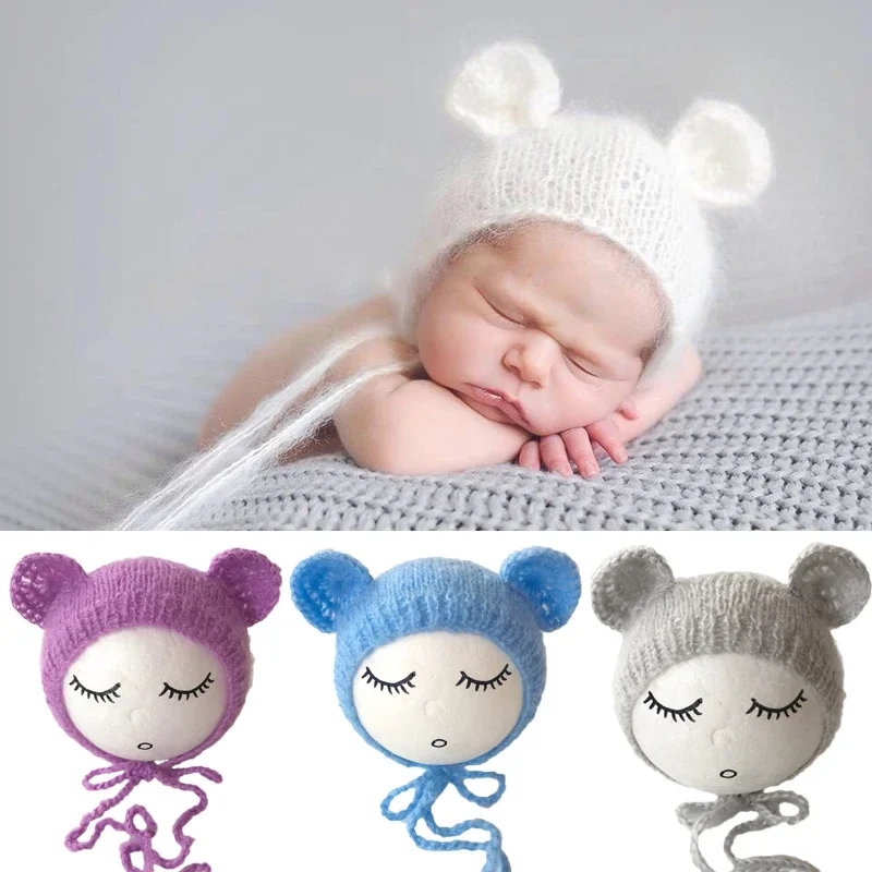 Newborn Mohair Ear Bear Hat Bonnet Baby Infant  Photography Props Cap Gorro Bebe Handmade Knitted Hats Photo Accessories