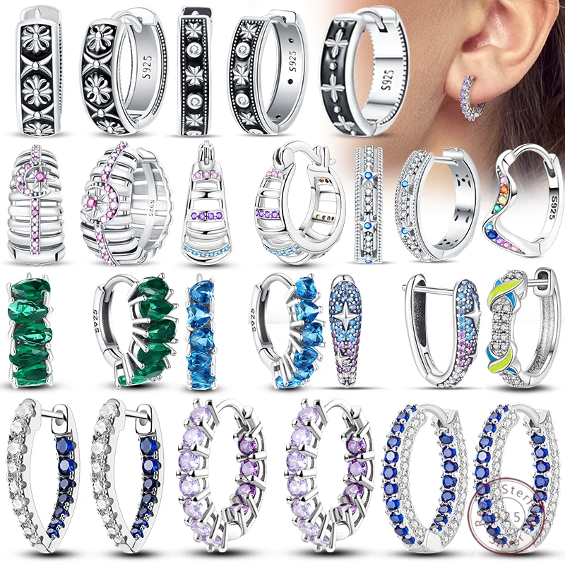 

925 Sterling Silver Earrings Simple Shiny Round Silver Hoop Earrings Fashion Zircon Earrings Wedding Women Jewelry Gift
