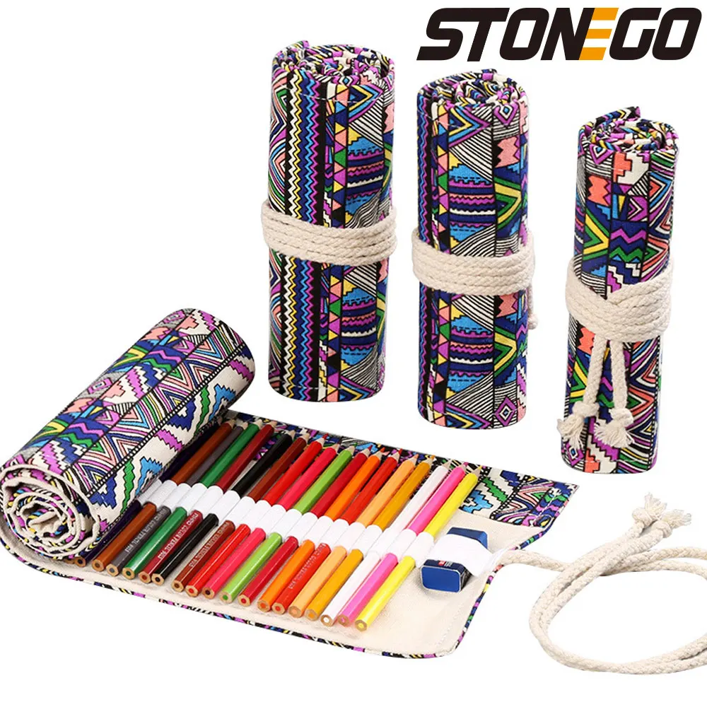 Stone go Leinwand Stift Vorhang 48/72 Löcher große Kapazität Roll Bleistift Tasche für Jungen und Mädchen Buntstift Skizzieren Briefpapier Box
