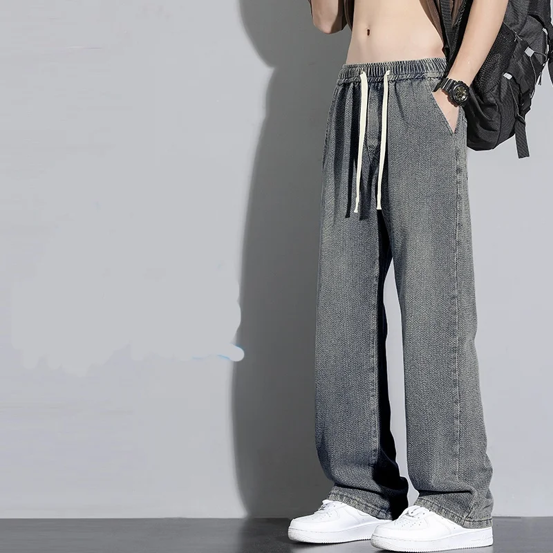 Jeans Kaki Lebar Longgar Modis Pria 2025, Jeans Longgar Retro Jalanan Lurus Kasual, Jeans Nyaman Kasual, Elasti