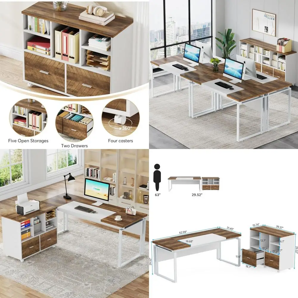 

L-Shaped Executive Desk with Reversible File Cabinet, 63 Office Desk with Storage Drawers, Computer Desk Set in Oak and White