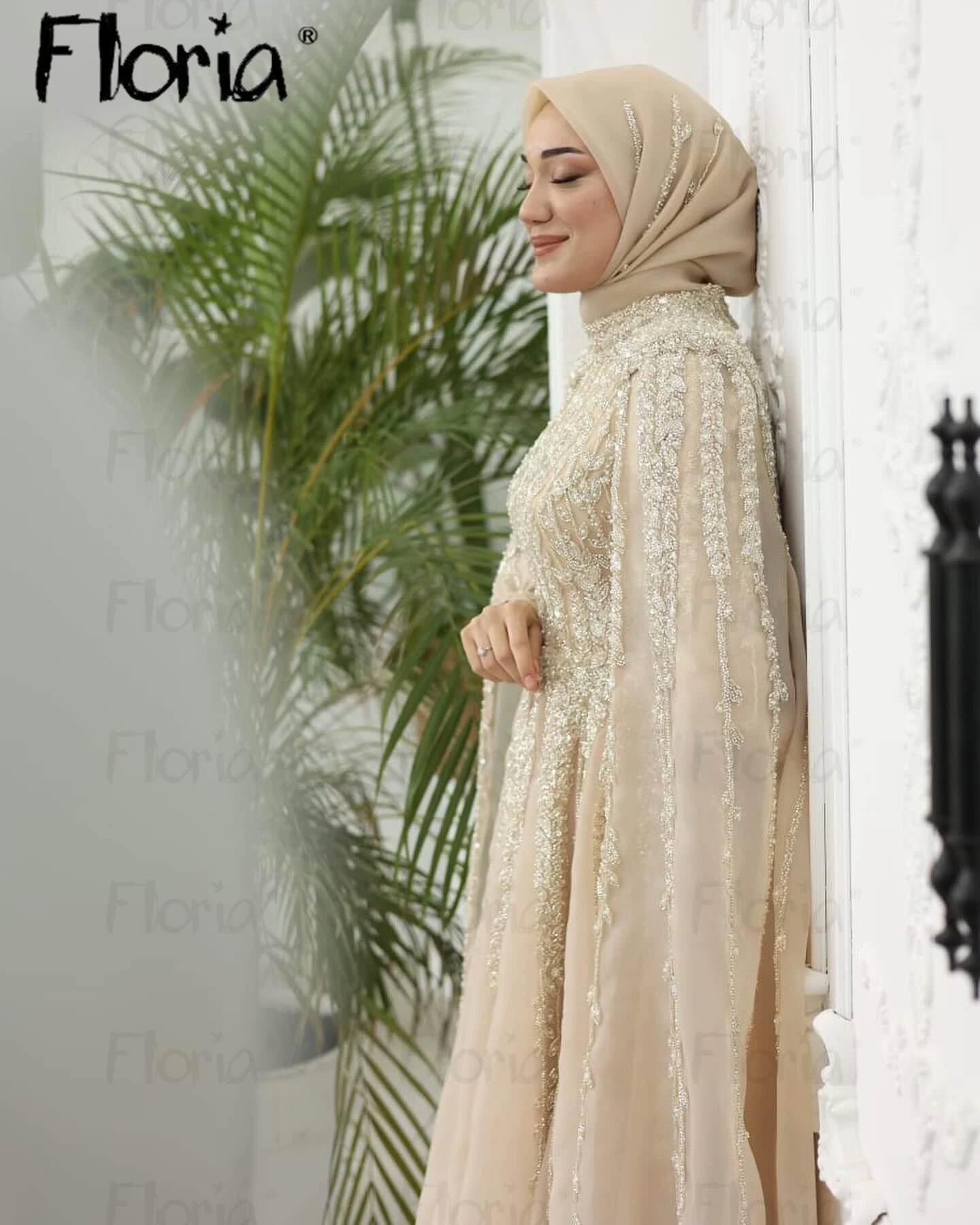 Muslim A Line Champagne Evening Dresses Lantern Sleeve  Heavy Beaded Prom Dresses Cape Sleeve Vestidos Novias Boda سيرين 2024