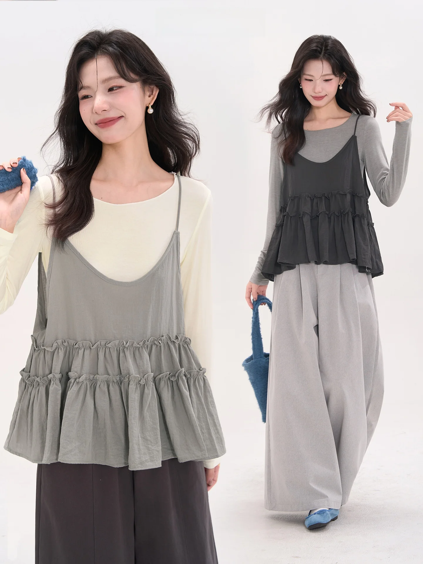 

Корейский комплект из двух предметов: топ-майка с кружевной отделкой и футболка с длинным рукавом и круглым вырезом, женская повседневная модная одежда