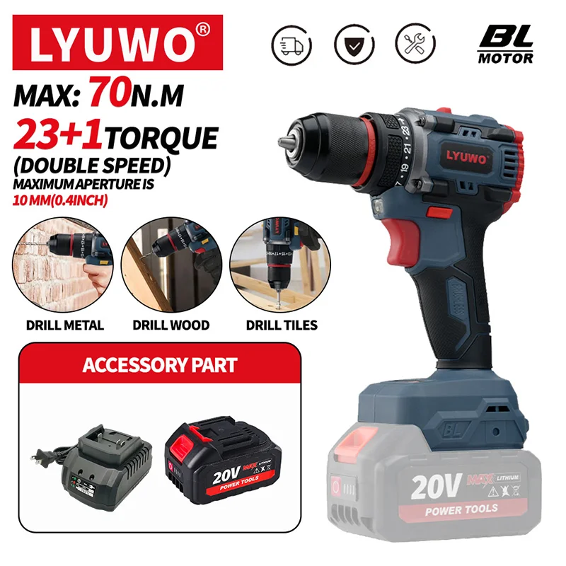 

LYUWO Brushless Cordless Lithium Rechargeable Drill 0.8-10mm Self-locking Chuck Multifunctional 23+1 Torque Setting Dual Speed