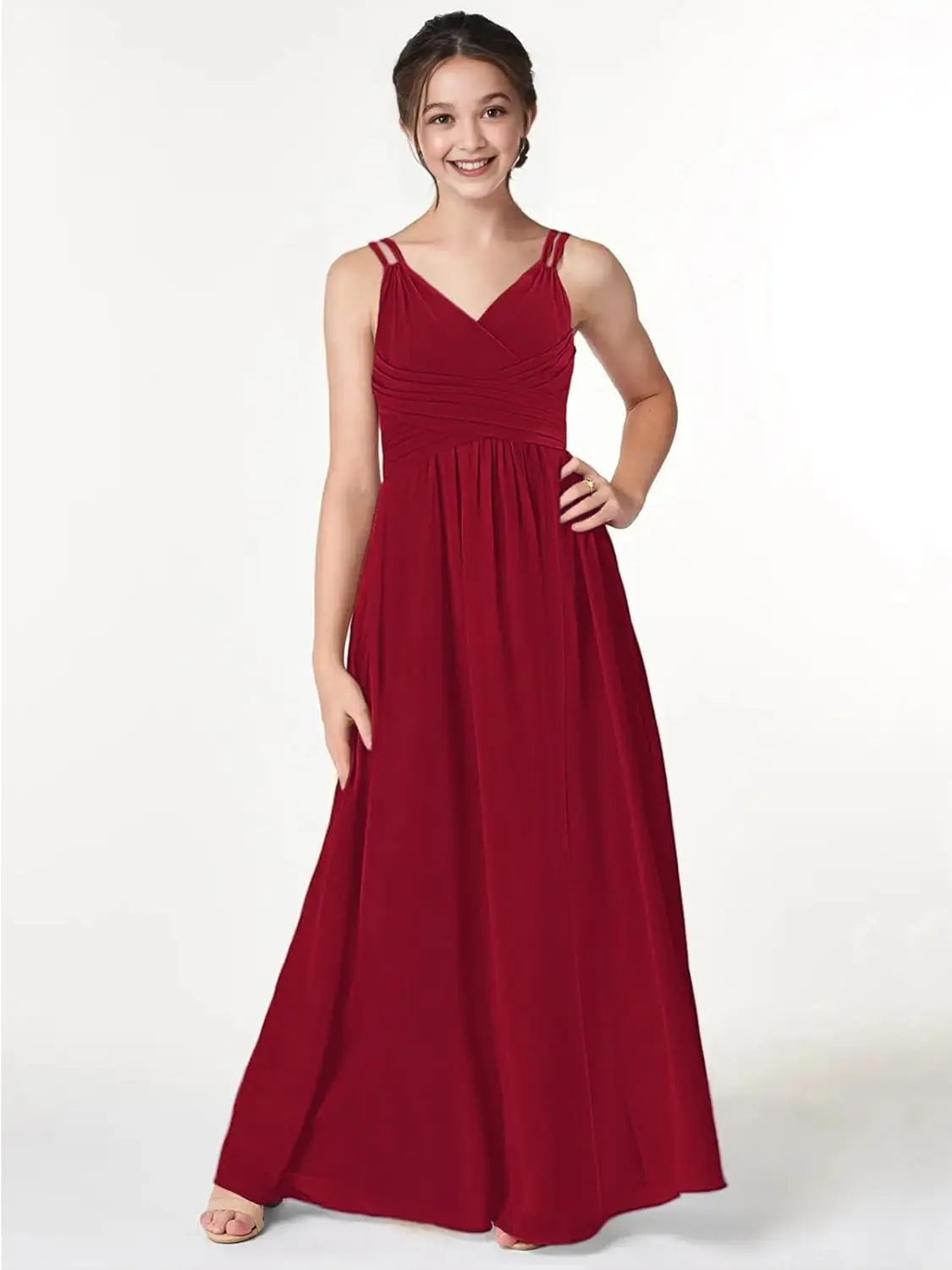 Uma linha com decote em V vestidos de dama de honra júnior vestido de menina de flor de chiffon plissado com alças cruzadas