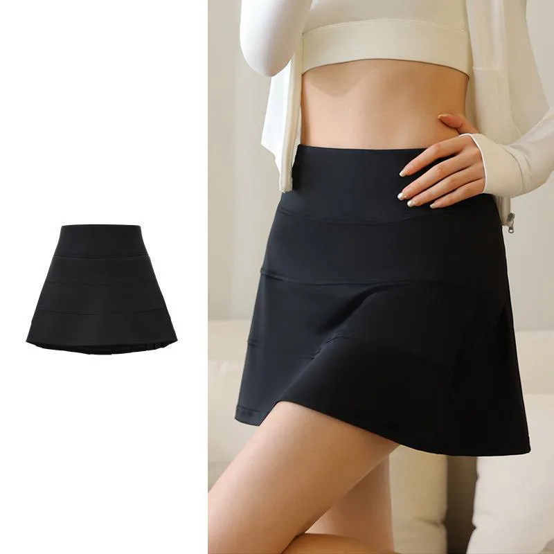 

Summer Ice Fake Two piece Pleated Skirt High Waist Elastic Quick Drying Sports and Fitness Short Skirt Women's Large A-line Half