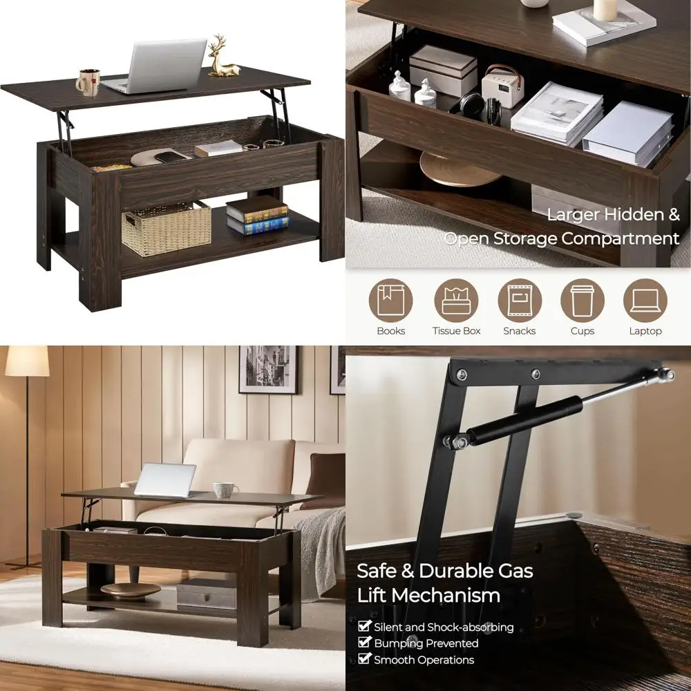 Hidden Compartment Coffee Table with Lift Top and Storage Shelf, Dining Table for Living Room and Reception Area