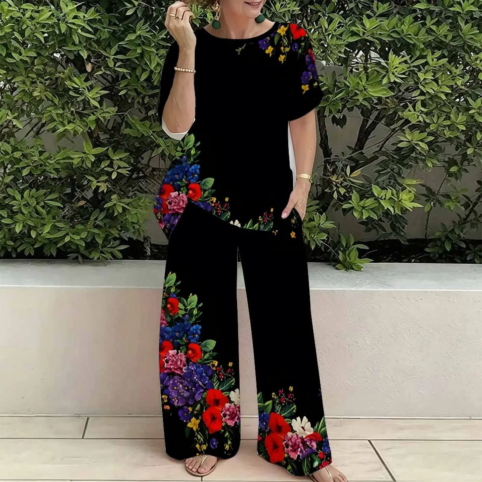 Plus Size Women Casual Print Two Piece Set Round Neck Everyday Commuting Clothes Beach Vacation Sweatpants
