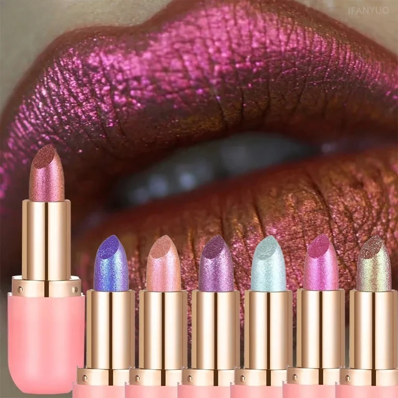 7가지 색상 오로라 카멜레온 메탈릭 립스틱 고광택 지속력 있는 다이아몬드 블루 퍼플 립글로스 크리스마스 및 무대 메이크업용