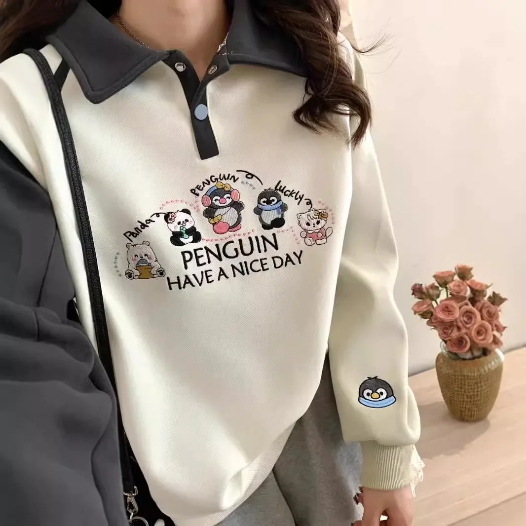 POLO collar contrast color long-sleeved sweater women autumn and winter Korean casual cartoon embroidery plus velvet loose coat
