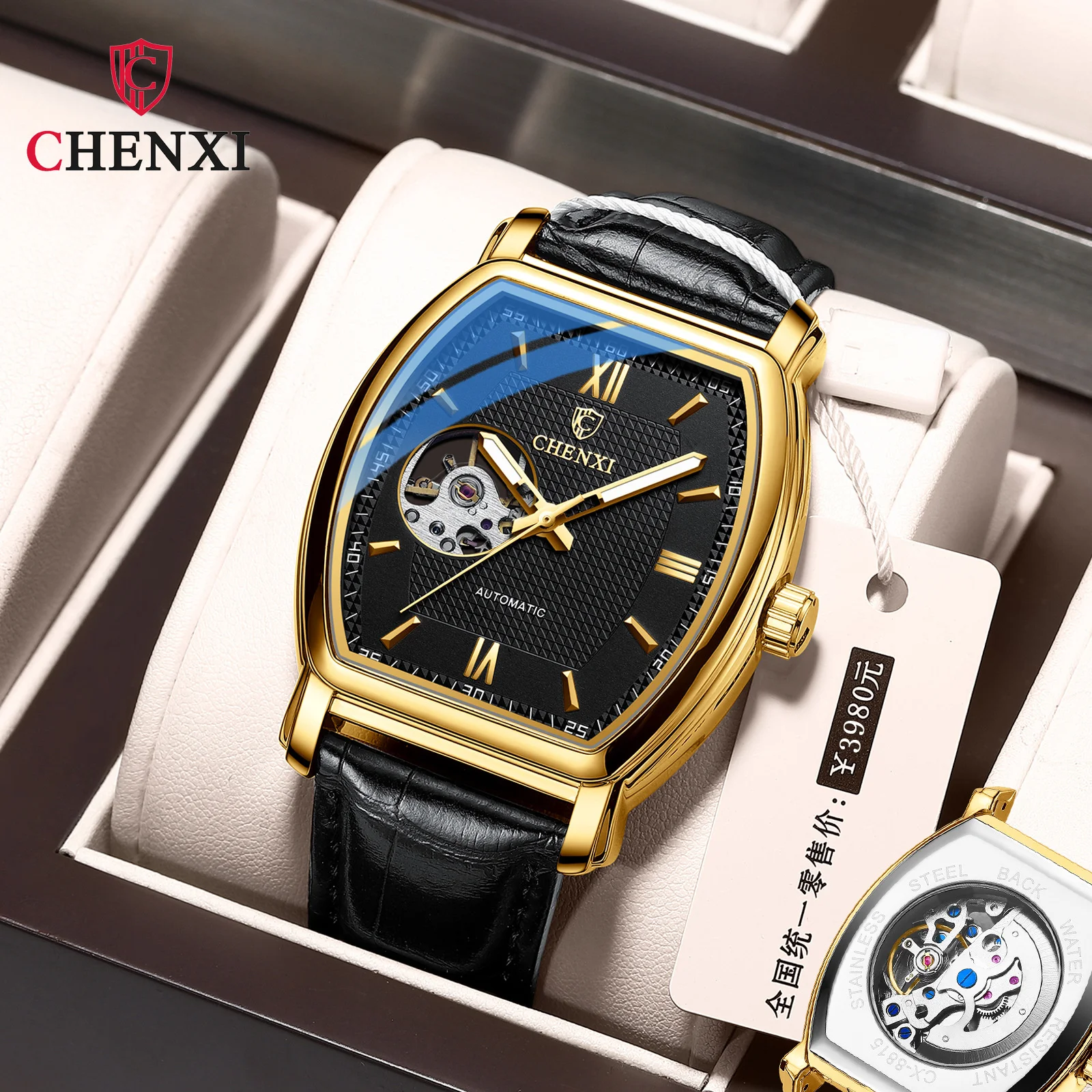 CHENXI 8815A Men\'s Mechanical Watch High End Full Automatic Fashion Square Hollow Out Waterproof Leather Strap Wrist Watches