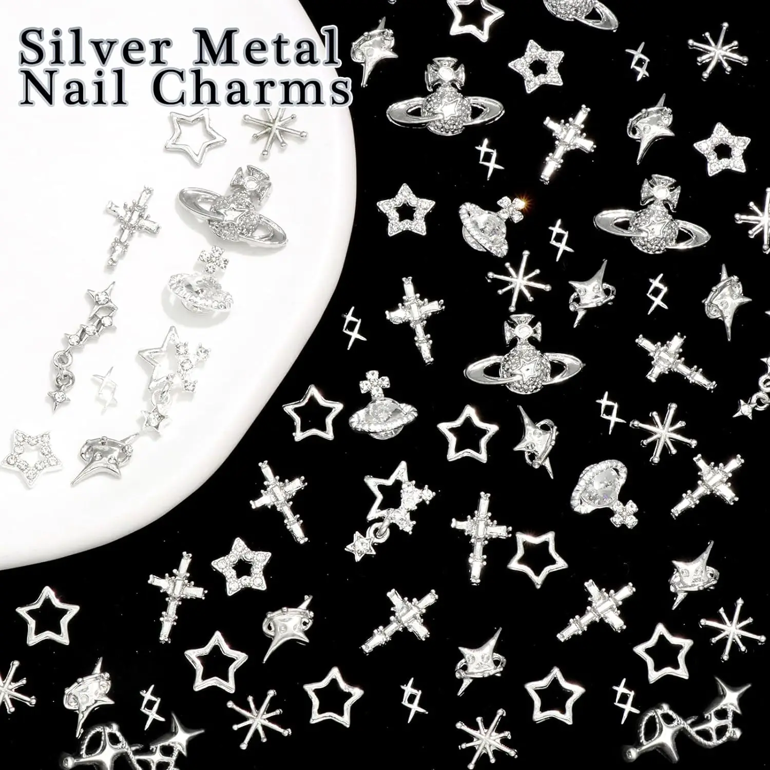 85PCS Cross Nail Charms Silver 3D Star Charms and Gems Saturn Planet Nail Art Jewelry Multi Style Nail Rhinestones for Nails