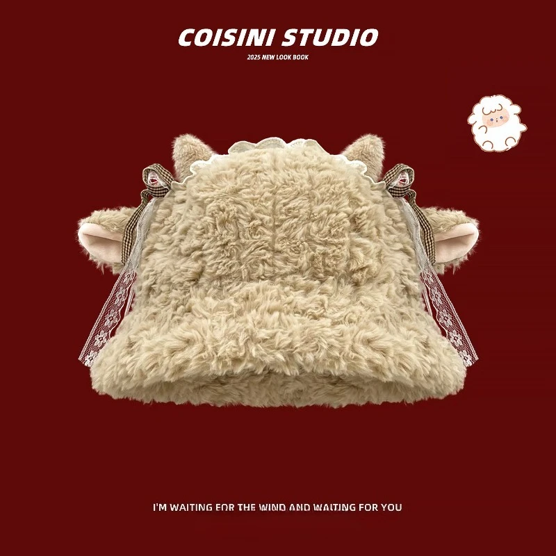 لطيف آذان الضأن أفخم صياد القبعات للنساء الخريف والشتاء الدافئة والباردة واقية الأذن حماية قبعة بحافة #2