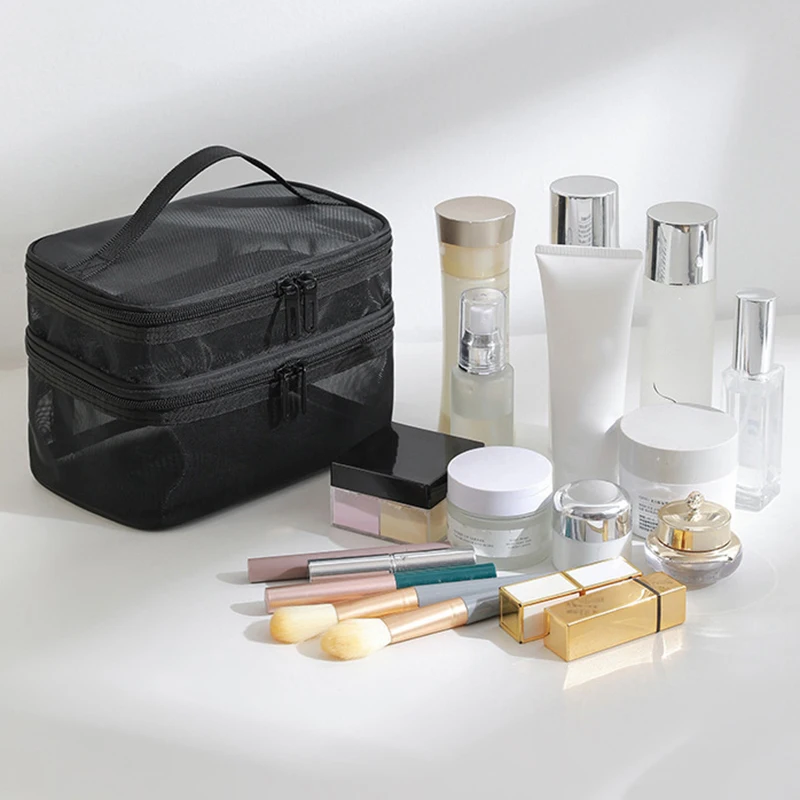 Travel Mesh Wash Storage Bag Makeup Organizer Cosmetics Make Up Skincare Box Plastic Container Handbag For Women Men Bathroom